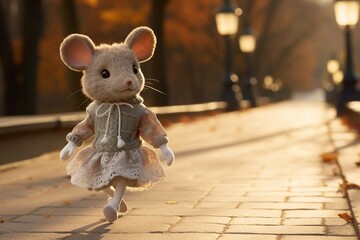 plush and knitted mouse on park in a lace dress on a run - obrazy, fototapety, plakaty