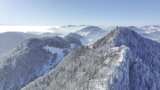 Winter landscape of the Jura, panorama with first Jura mountain range and view to the Black Forest, drone shot, Belchenflueh, Haegendorf, Solothurn, Switzerland, Europe