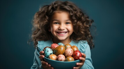 Fototapeta na wymiar studio shot of cute little girl holding basket with easter eggs on dark background .