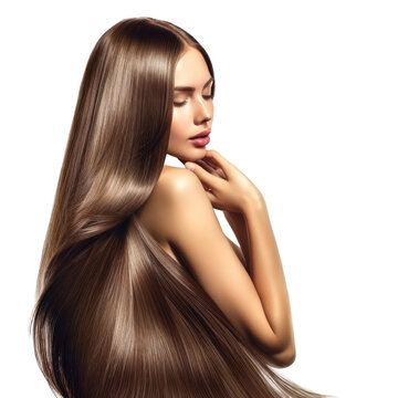 Beautiful model young woman with shiny brown and straight long hair, Keratin straightening, Treatment, care and spa procedures, Smooth hairstyle, isolated on white background, png