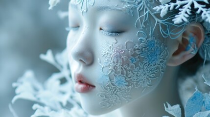 Fototapeta premium A closeup of the Winter Queens delicate porcelain skin with intricate icy blue patterns painted on, resembling the delicate frost on a winter morning.