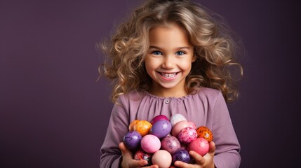 Fototapeta na wymiar studio shot of cute little girl holding basket with easter eggs on purple background .