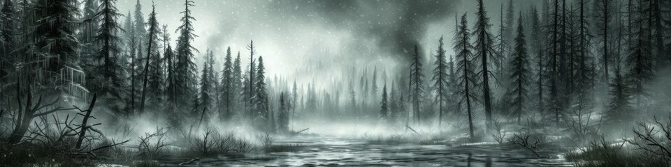 Ethereal Swampland with Fog and Bare Trees - obrazy, fototapety, plakaty