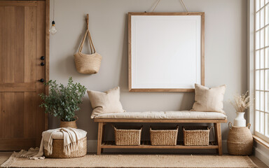 Barn wood bench adorned with linen pillows against a wall with an empty mock-up blank poster frame, showcasing the farmhouse and boho interior design of a modern entrance hall.