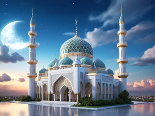 Fototapeta na wymiar Eid Mubarak Background and 3d mosque with Islamic showpiece