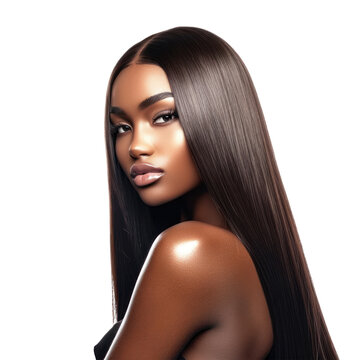 African American Beautiful model young woman with shiny brown and straight long hair, Keratin straightening, Treatment, care and spa procedures, Smooth hairstyle, isolated on white background, png