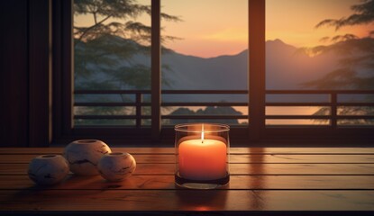 A tranquil composition with a candle on a table and decorative spheres, mountains seen through the dusk light.