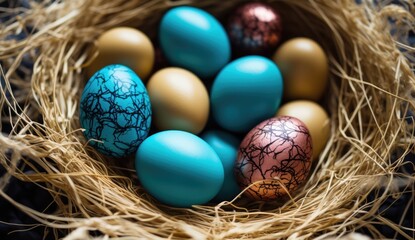 Naklejka na ściany i meble Artistic Easter eggs with speckled patterns nestled in a rustic nest adorned with feathers on a dark blue background.