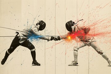 Electric Duel: Colorful Sparks in Minimalist Fencing Match