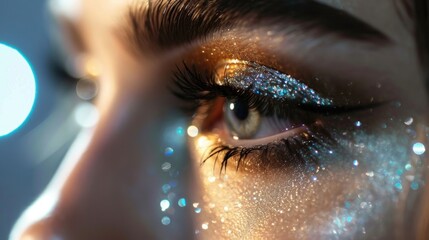 A closeup of a womans face, her eyes mesmerizing with sparkling silver eyeshadow and thick lashes. - obrazy, fototapety, plakaty
