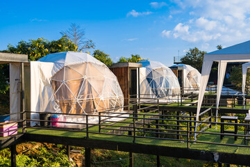 Chiang Mai, Thailand - January,05, 2024: Geodesic dome Tents and housing of Mon Mok Fa Resort, Mon...
