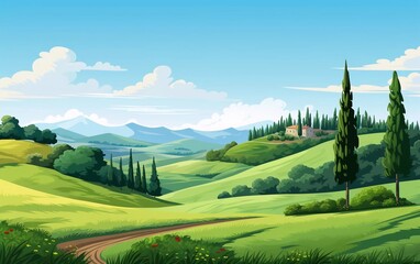 Rural vector illustration background Hillscape with pine trees, beautiful view

