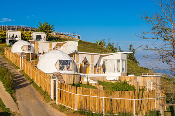 Chiang Mai, Thailand - January,05, 2024: Geodesic dome Tents and housing of Mon Mok Fa Resort, Mon Jam, Chiang Mai, Thailand.