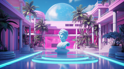 A vaporwave virtual plaza, with pastel neon signs and classical sculptures adorning an endless loop