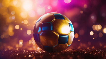 A soccer ball with gold and blue panels against a background of shimmering, colorful light spots.