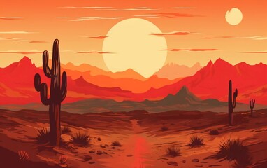 vector illustration Desert landscape abstract art background. West Texas mountains and very beautiful cacti

