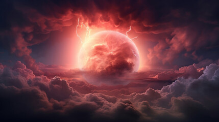 Surreal cosmic event depicting a red planet with dramatic lightning amidst dark storm clouds.