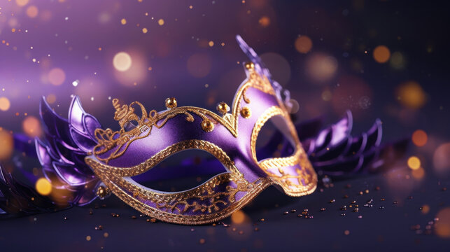 A sophisticated purple masquerade mask adorned with golden details and feathers against a sparkling backdrop.