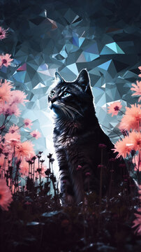 Digital art of a black cat surrounded by vibrant pink flowers against a geometric background.