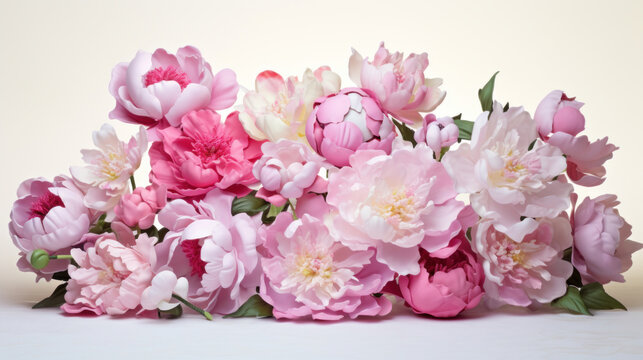A lush bouquet of pink peonies in full bloom arranged on a clean white background.
