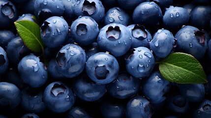 a backdrop of piles of fresh blue berries fills the entire space. wet with water droplets, a feel of freshness. - obrazy, fototapety, plakaty
