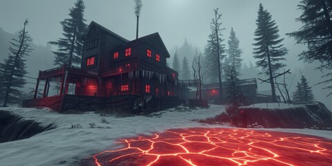 Haunted House with Lava Cracks and Dark Winter Forest