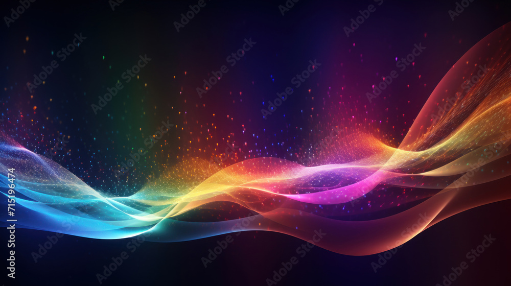 Poster an abstract design of colorful light waves flowing across a dark background with sparkling particles