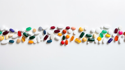 A colorful assortment of pharmaceutical pills and capsules arranged in a line on a white background.