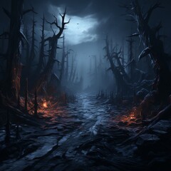 Haunted Forest Path with Dead Trees and Fires - obrazy, fototapety, plakaty