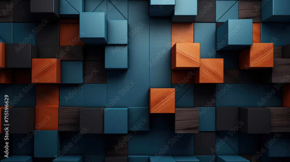 Poster Abstract 3D render of a geometric block pattern with a combination of blue and orange cubes on a dark background.