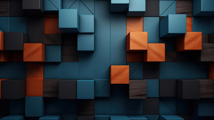 Abstract 3D render of a geometric block pattern with a combination of blue and orange cubes on a dark background.