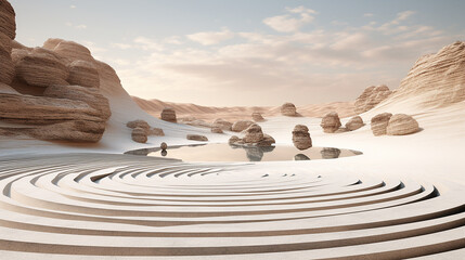 Fototapeta na wymiar A virtual Zen garden, with raked pixel patterns and minimalist rock formations