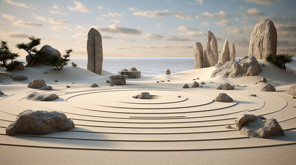 A virtual Zen garden, with raked pixel patterns and minimalist rock formations - obrazy, fototapety, plakaty
