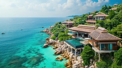 Luxurious panoramic view from an exotic resort against a backdrop of turquoise seascape. Villas adorn a beautiful beach nestled along the ocean