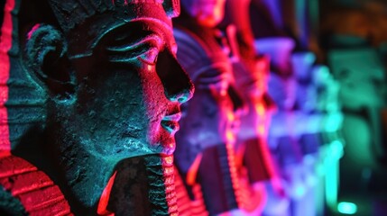 The stoic statues of an ancient civilization now illuminated by rainbow neon lights - obrazy, fototapety, plakaty