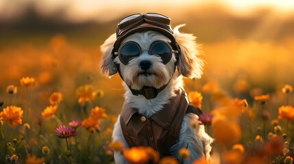 Adorable dog is wearing vintage aviator sunglasses, cute caboodle puppy in beautiful flower field with sunlight. Pet animal in costume joke message greeting card concept - obrazy, fototapety, plakaty