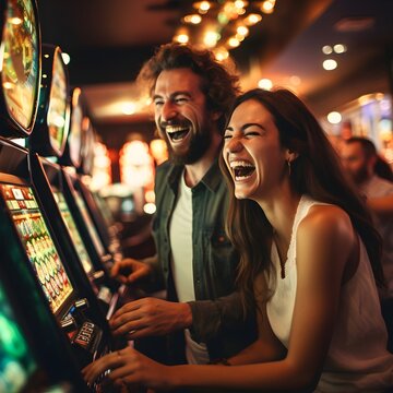 Young couple is enjoying playing the slots at a casino - Generative AI