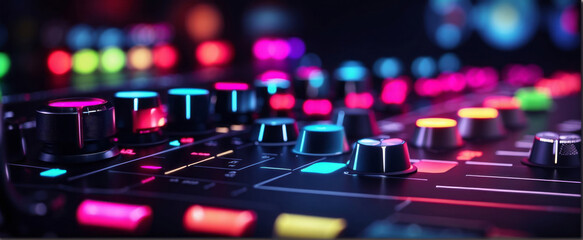 Fototapeta na wymiar audio mixer console close up wallpaper with colourful light