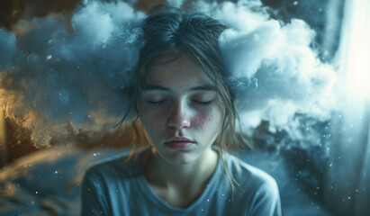 A woman in bad mood with head in dark cloud on bedroom. Mental Health. Generative AI