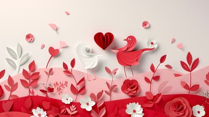 Paper craft, paper cut, origami style. love Invitation Valentine's day card happy romantic, heart on abstract background, clouds with bird, paper cut pink, white and red color.