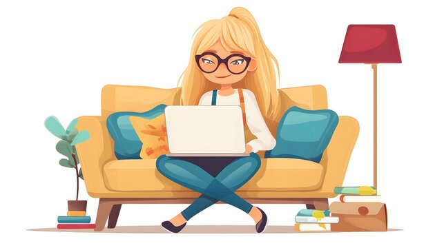 catoon style. woman sitting in sofa in livingroom in a house. Woman with laptop on the chair. Freelance or studying at home concept. Female character, chatting online , relax on comfortable sofa.