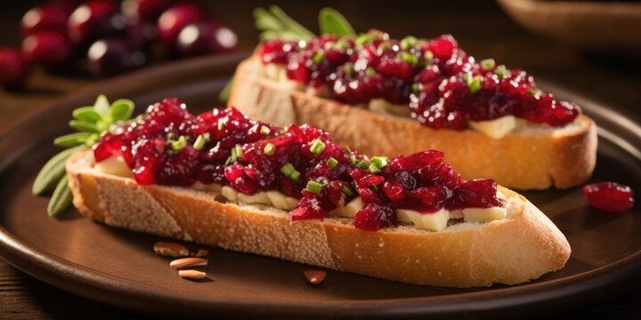 A slice of warm, toasted baguette is generously spread with luscious cranberry relish, creating a harmonious marriage of flavors. As each bite combines the crusty bread and the relish, a