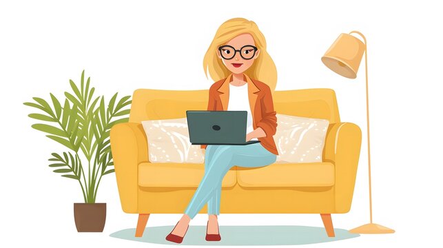 catoon style. woman sitting in sofa in livingroom in a house. Woman with laptop on the chair. Freelance or studying at home concept. Female character, chatting online , relax on comfortable sofa.