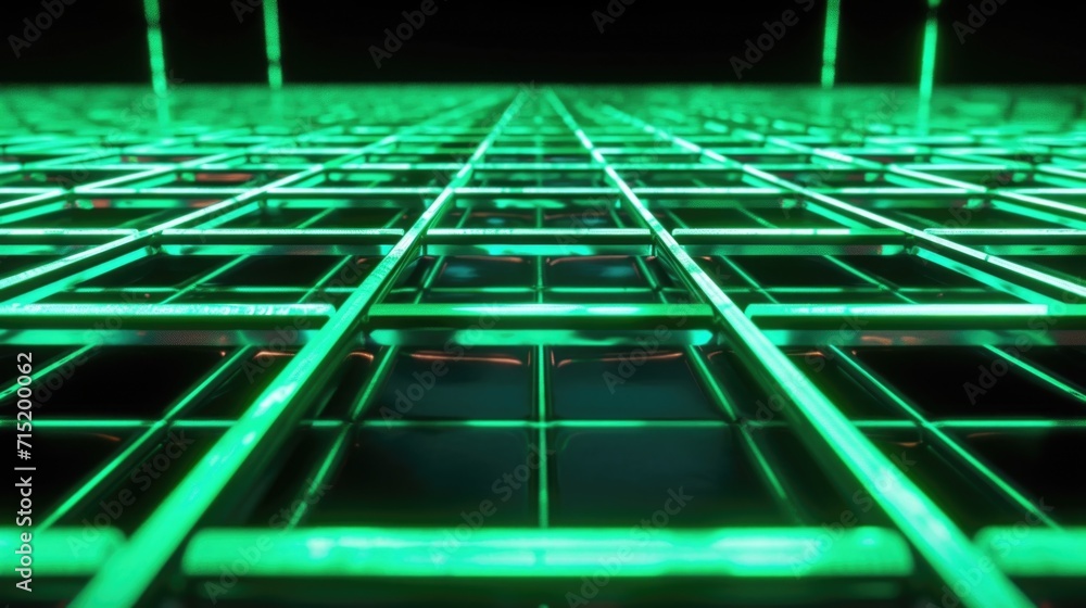 Poster a grid of neon green squares symmetrically arranged against a black background adds a touch of techy