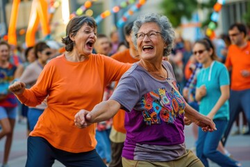 senior people dance on the street in fun festival pragma , happy retirement concept - obrazy, fototapety, plakaty