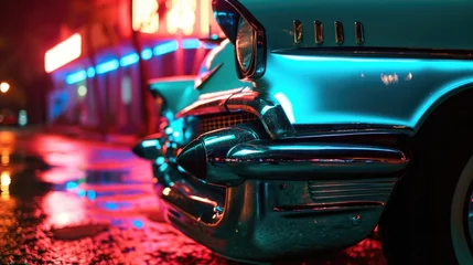 Papier Peint photo Lavable Voitures anciennes The front grill of a vintage car its neon headlights casting an otherworldly glow onto the ground