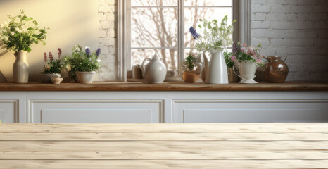 Empty wooden table with kitchen in background.