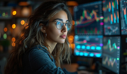 A woman wearing glasses looking at a computer screen. Generative AI
