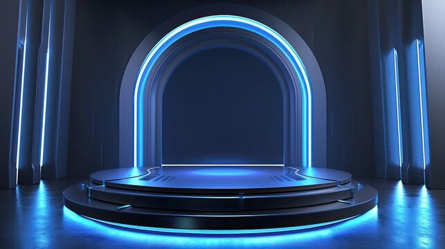 The background podium for product display, positioned at the center, features a futuristic concept illuminated by neon lights. It exudes sophistication, robotics, and gaming vibes