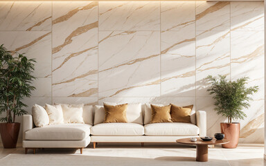White sofa against a terra cotta marble stone paneling wall with ample copy space, representing the minimalist home interior design of a modern living room.